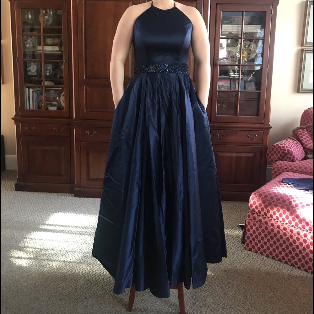 Navy Satin Halter Prom Dress